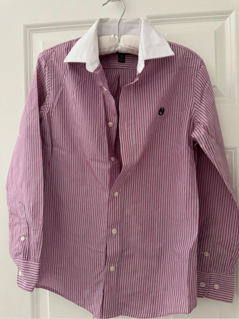 Striped Pink Button-Up Shirt with White Collar